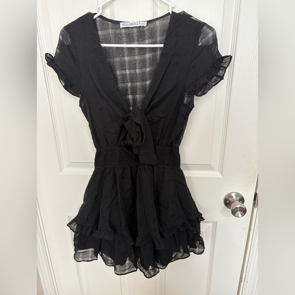 Hello Molly Black Sheer Tiered Ruffle Mini Dress